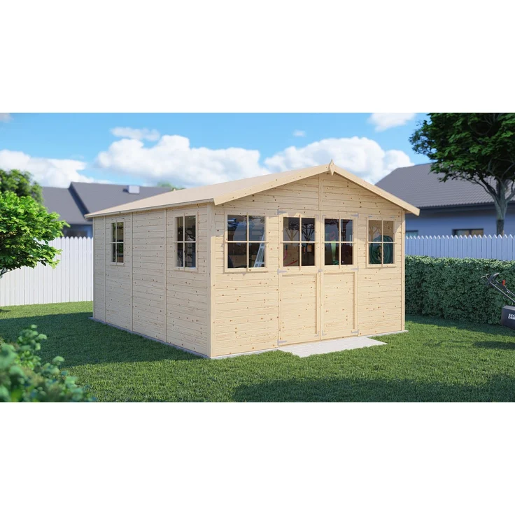 BERTILO Gartenhaus Workshop Carpenter, Großes Gartenhaus aus vorgefertigten Elementen mit 14 mm Wandstärke, naturbelassen, BxT: 364x459 cm