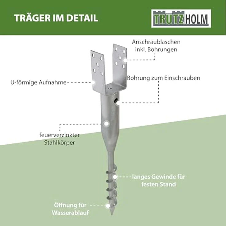 TRUTZHOLM U-Profil Bodenhülse zum Einschrauben, 6x langlebige feuerverzinkte Bodenhülsen 9x9 cm, 68,5 cm Länge, einfache Montage ohne Betonieren – Bild 4