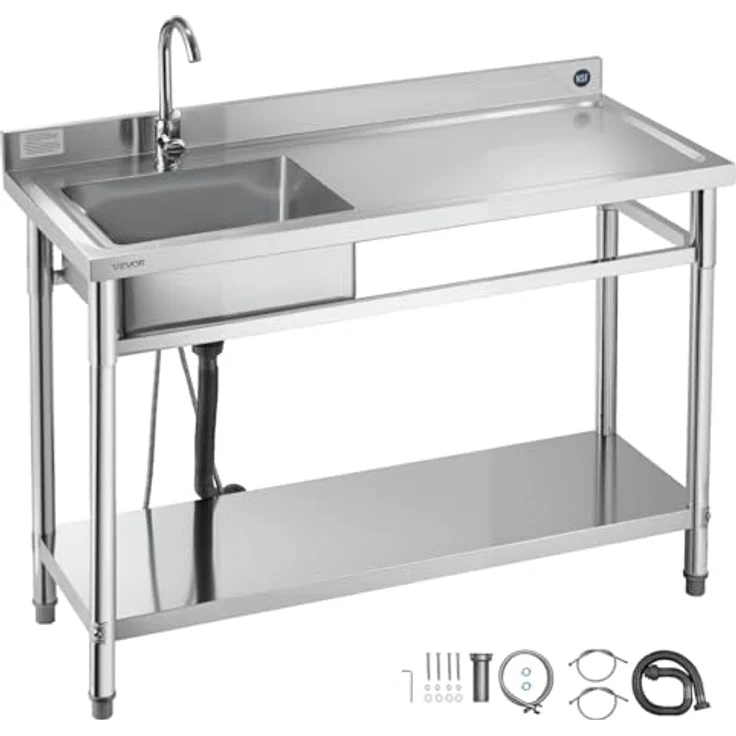 VEVOR Edelstahl Spültisch mit Wasserhahn & Ablage, 120 x 50 x 94 cm, Multifunktionsspüle für Garage, Restaurant und Garten – Bild 1