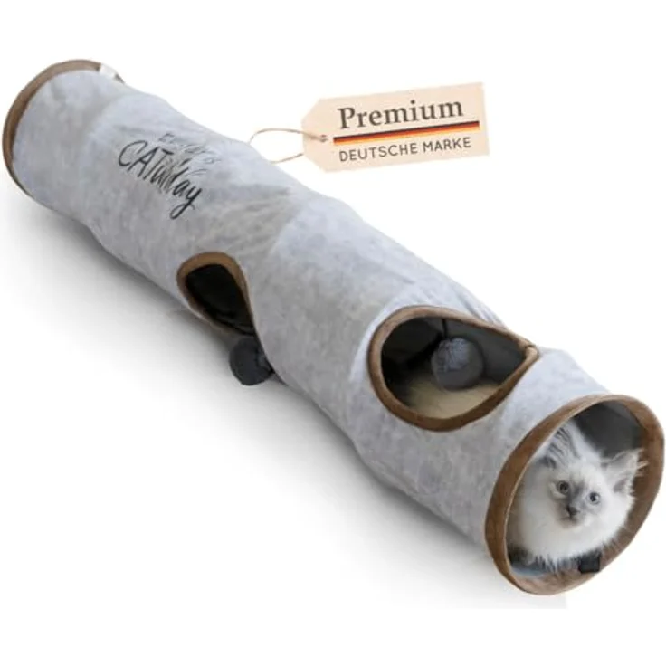 KaraLuna Premium Katzentunnel 120 x 24 cm I 3 Gucklöcher & Spielbälle I Katzen Spieltunnel Faltbar Katzenspielzeug Katzen Tunnel Rascheltunnel Höhle Rolle Cat Tunnel Katze grau Kaninchen XXL – Bild 1