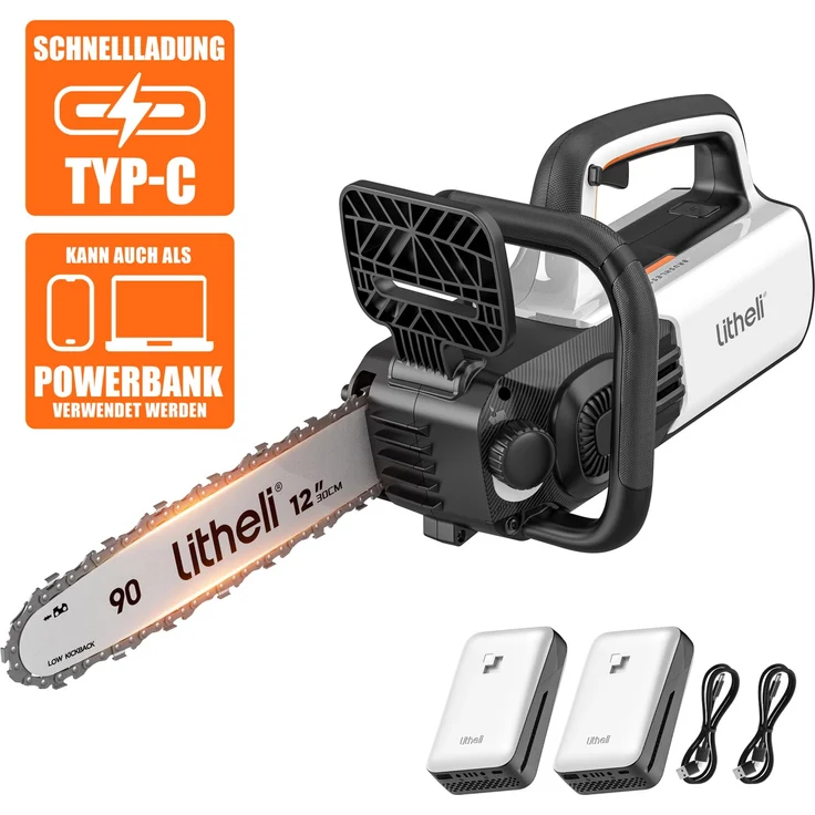 Litheli U20 Akku-Kettensäge 2x20V EGT050074, bürstenloser Motor, automatisches Kettenspann- und Schmiersystem, inkl. 2x 2.0Ah Akku, USB-C Ladefunktion
