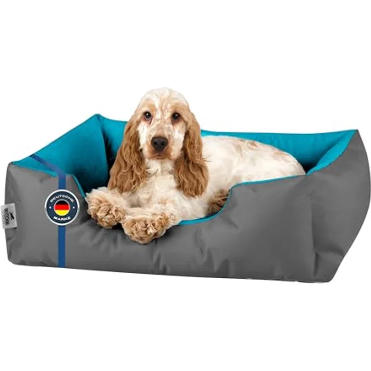 BedDog Hundebett LUPI, Hundekissen mit abziehbaren waschbaren Bezug, Hundekorb, Hundesofa, für kleine Hunde, M, grau-blau