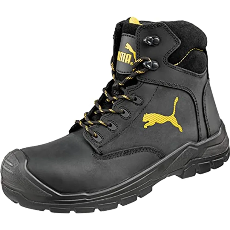 Puma Sicherheitsschuh S3 HRO SRC Borneo Black Mid, Arbeitsschuh aus Vollrindsleder, Größe 45, hitzebeständig bis 300 °C, rutschfeste Gummisohle