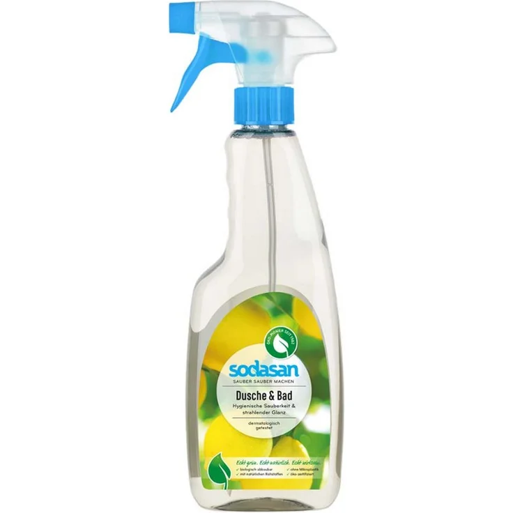 Sodasan Dusche & Bad Reiniger 500ml, Hygienischer Sprühreiniger für streifenfreie Reinigung, entfernt Kalk- und Seifenreste, mit pflanzlichen Waschsubstanzen