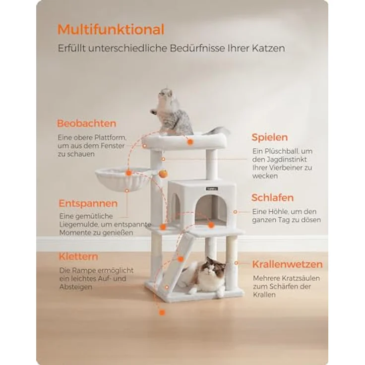 Feandrea Kratzbaum, Katzenbaum mit großer Plattform, cremeweiß, 2-in-1-Kratzrampe, doppelte Türöffnungen, sicherer Spielplatz – Bild 4