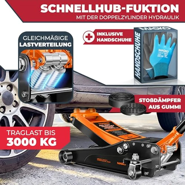 Masko Wagenheber hydraulisch 3 Tonnen Flache Hubhöhe + 2x Gummiauflage + Handschuhe KFZ Rangierwagenheber hydraulischer 360° Rollen Heber Unterstellbock – Bild 7