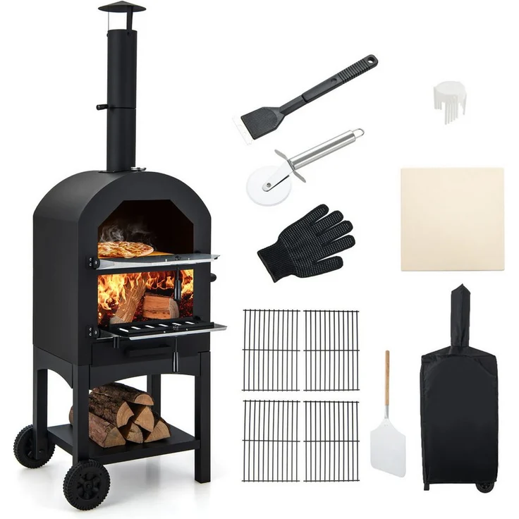 KOMFOTTEU Pizzaofen, mobiler Holzofen Garten mit Griff, Rädern, Schwarz - Preisvergleich