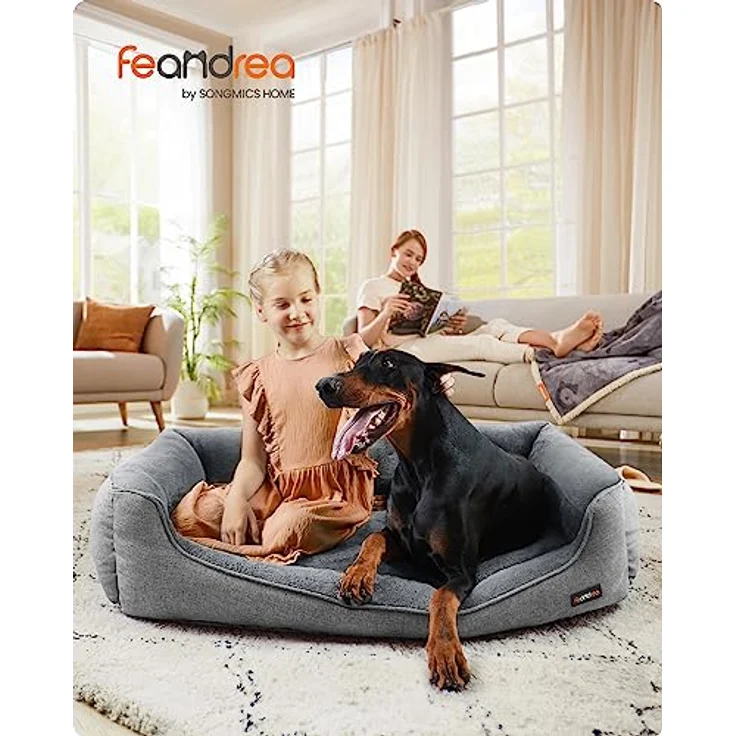 Feandrea Hundebett, Hundekissen in Leinenoptik, Hundekorb, erhöhte Ränder, rutschfeste Unterseite, abnehmbarer waschbarer Bezug, XXL, 120 x 90 x 30 cm, hellgrau – Bild 2