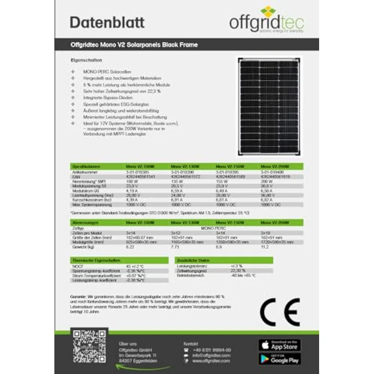 offgridtec MONO-150 V2 Solarmodul, 150 W, monokristallin, 23V, schwarzer Rahmen, 2 Bypass Dioden – Bild 6