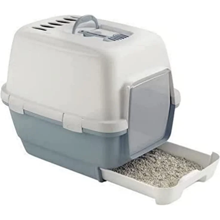 Katzentoilette Cathy Clever & Smart, mit herausziehbarem Katzenstreufach, Aktivkohlefilter, inkl. Streuschaufel, einfache Reinigung, geruchshemmend, Blau / Weiß – Bild 1