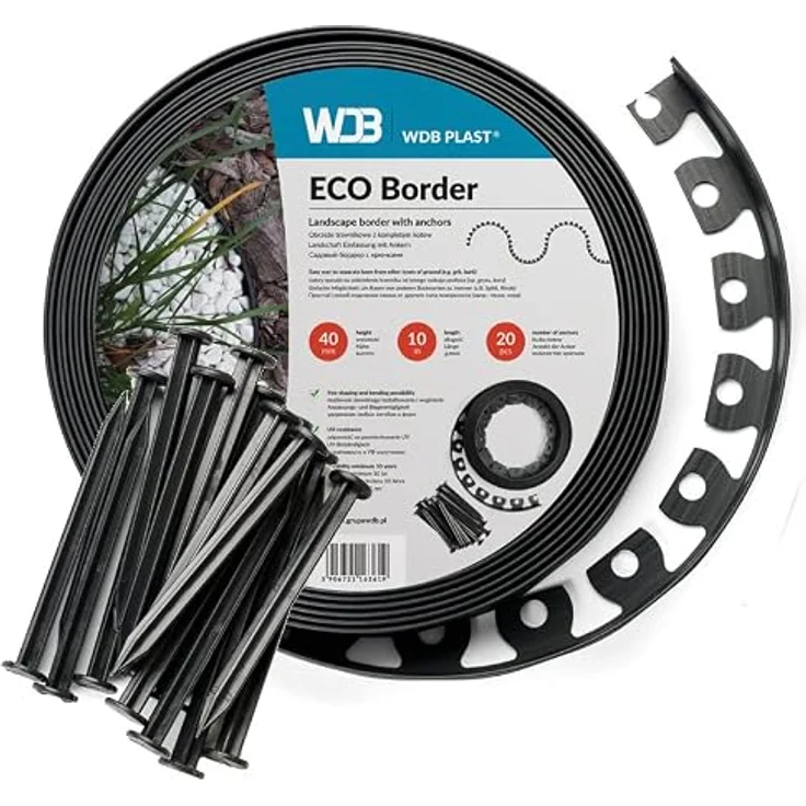 WDB Flexible Rasenkante, 10m lang, 4cm hoch, mit 20 Befestigungsnägeln, schwarz RAL 9005, elastisch und widerstandsfähig gegen Witterungseinflüsse – Bild 1