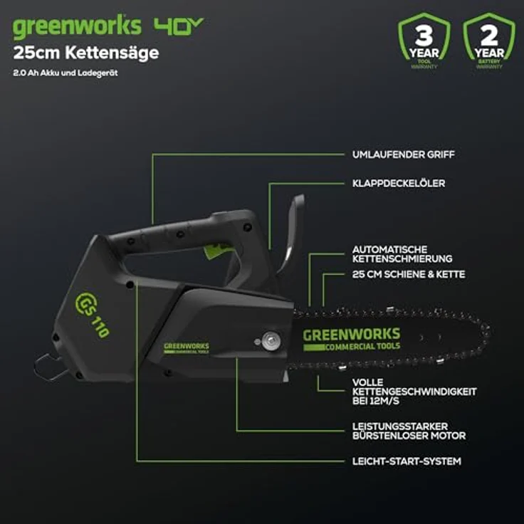 Greenworks GD40TCS, Akku Kettensäge 40V mit 2Ah Akku und Ladegerät, ergonomisches Handgriffdesign – Bild 2