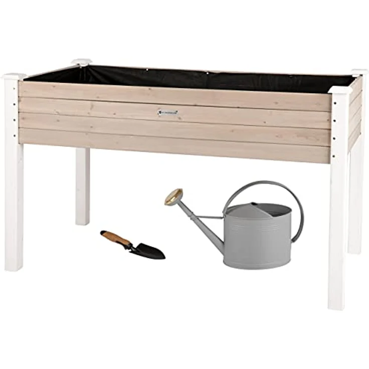 WONDERMAKE® Großes Hochbeet aus Holz für Garten Balkon Terrasse, Pflanzkasten Bausatz XL rechteckig schmal mit Vlies-Folie, Kräuterbeet Pflanzenkasten, 124 x 63 x 75 cm, weiß grau anthrazit – Bild 1