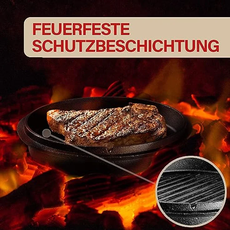 LAVUR BBQ Feuertopf 7,5 L Dutch Oven, Eingebrannter Gusseisentopf für Kochen, Braten & Grillen, Ideal für Camping, Inkl. Deckelheber, Tragetasche & 2in1 Gusseisendeckel – Bild 5