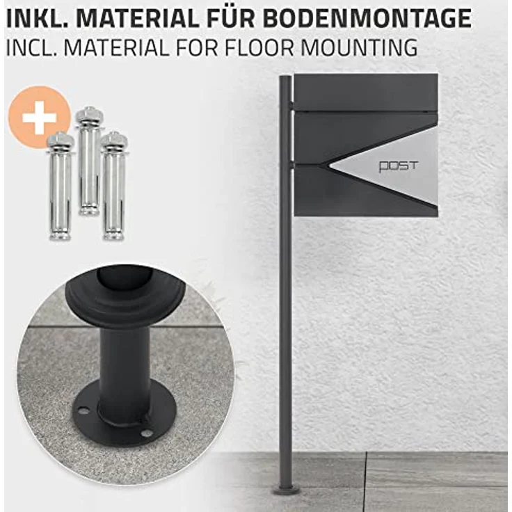 ECD Germany Standbriefkasten mit Zeitungsfach, Design Briefkasten mit Pfosten, Briefkastenanlage, Briefkastenständer Anthrazit 120 cm Edelstahl, Postkasten Anthrazit-Silber Edelstahl pulverbechichtet – Bild 5