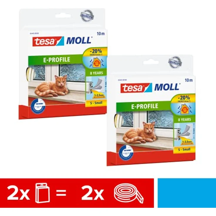 tesa moll E-Profil Gummidichtung im 2er Pack - Selbstklebende Dichtung zum Isolieren von Spalten an Fenstern und Türen - Weiß - 2x 10 m x 9 mm x 4 mm – Bild 2