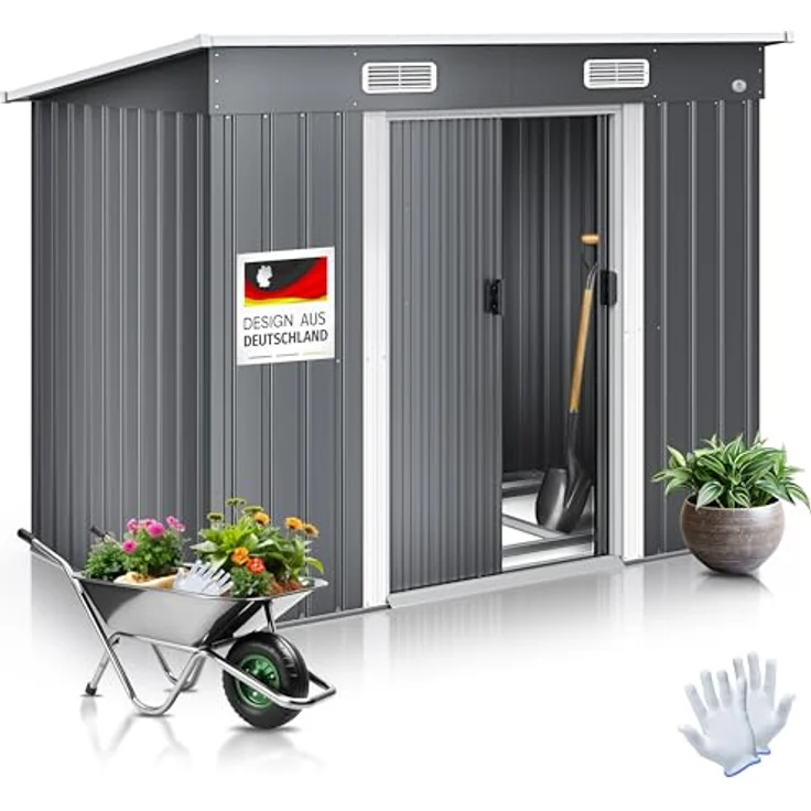 KESSER® Gerätehaus L Metall 4 m³ mit Fundament und 2X Schiebetür | 210x122x186 cm | Gartenhaus Schrank in Grau – Bild 1
