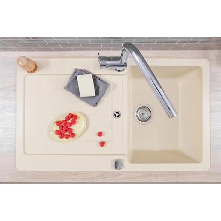 Respekta Austin Massivgranit Spüle 86 x 50, hitzebeständig, 1 Becken, abgeschrägte Abtropffläche, für Unterschränke ab 45 cm, Vanille – Bild 4