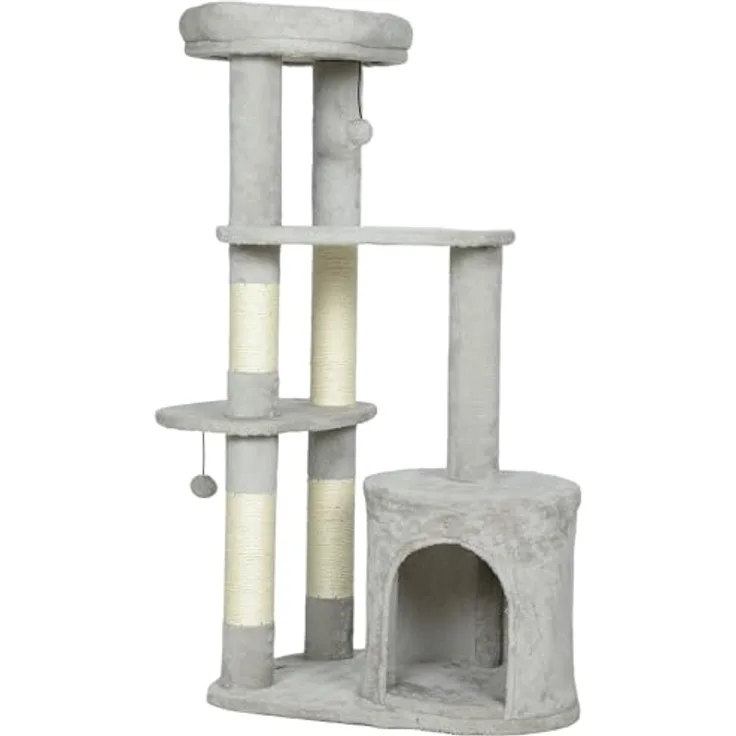 PawHut Kratzbaum 114 cm, mehrstöckiger Katzenkratzbaum mit Höhle, Sisalstämmen, Plattform und Spielball für mittelgroße Katzen unter 6 kg, Hellgrau