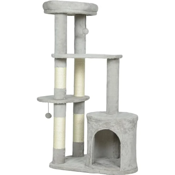 PawHut Kratzbaum 114 cm, mehrstöckiger Katzenkratzbaum mit Höhle, Sisalstämmen, Plattform und Spielball für mittelgroße Katzen unter 6 kg, Hellgrau – Bild 1