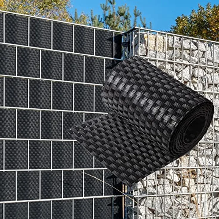 NYVI Polyrattan Sichtschutzstreifen Privafence Schwarz, 255 x 19 cm, 10 Rollen (25,5 Meter), wetterfest und UV-resistent, für Doppelstabmatten Zaun