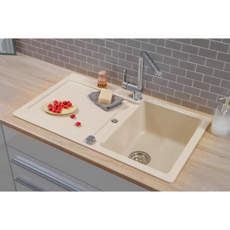 Respekta Austin Massivgranit Spüle 86 x 50, hitzebeständig, 1 Becken, abgeschrägte Abtropffläche, für Unterschränke ab 45 cm, Vanille – Bild 3