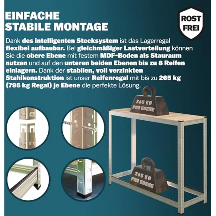 monzana Schwerlastregal, 2x Reifenregal für bis zu 8 Reifen, 795 kg Tragkraft, 3 höhenverstellbare Ebenen, vollverzinkte Stahlkonstruktion, inkl. Gummischutz, 180x120x40cm – Bild 3