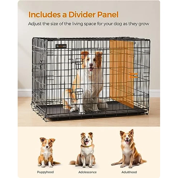 Feandrea Hundekäfig, Hundebox, zusammenklappbar, transportabel, 2 Türen, schwarz 107 x 70 x 77,5 cm PPD42BK – Bild 3