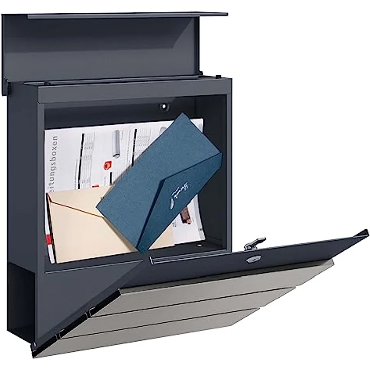 Toboli Briefkasten V64 Anthrazit und Edelstahl 410 x 130 x 370 mm, abschließbar, Soft Close Klappe, Zeitungsfach – Bild 3