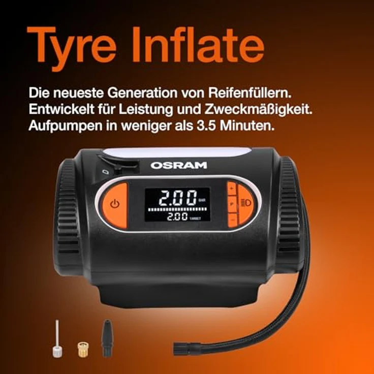 Osram OTI2120 Kompressor TYREinflate 2120, schneller Reifenfüller mit digitalem Display und Auto-Stopp-Funktion, 3 m Kabel, flexibel 60 cm Schlauch – Bild 3
