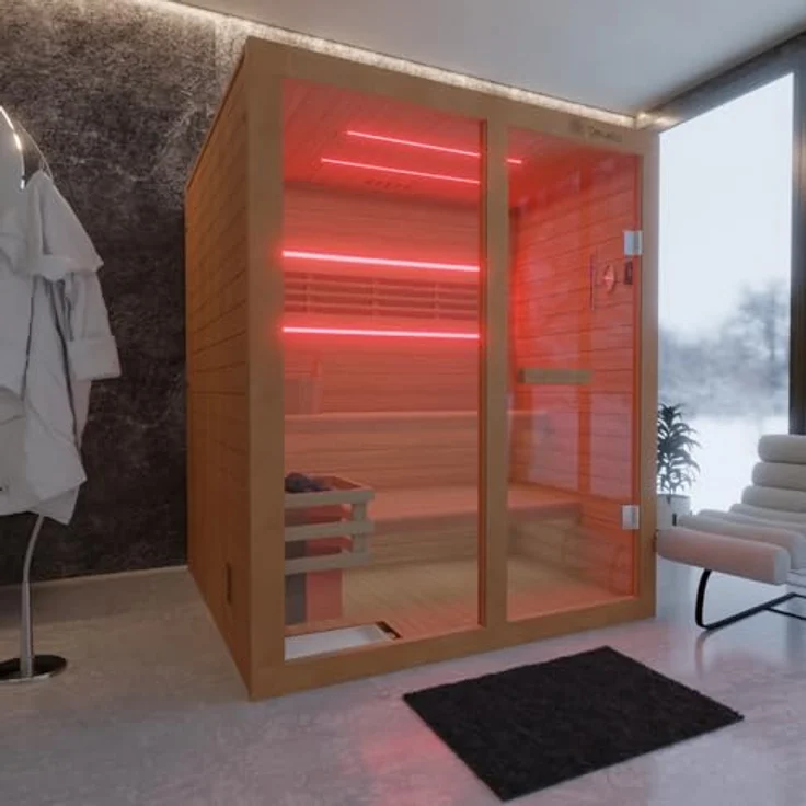 Dewello Sauna TOFINO 160x150 Finnische Sauna, 3 Personen, Saunaofen Harvia 4,5KW, Hemlock-Tannenholz, leichter Aufbau – Bild 2