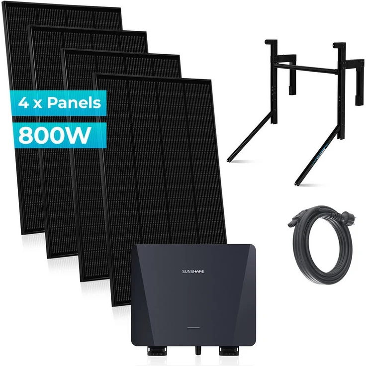 Sunshare Ray Komplettset, Solarmodule 600W/800W mit N-Typ TOPCon Zellen, bohrfreier Betonhalterung, inkl. Mikro-Wechselrichter und 5 m Anschlusskabel