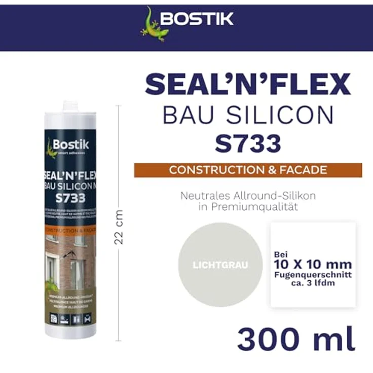 BOSTIK S733 Seal´n´Flex Bau Silikon, Hochleistungs-Dichtungssilikon für Innen- und Außenbereich, Lichtgrau - 300ml – Bild 2