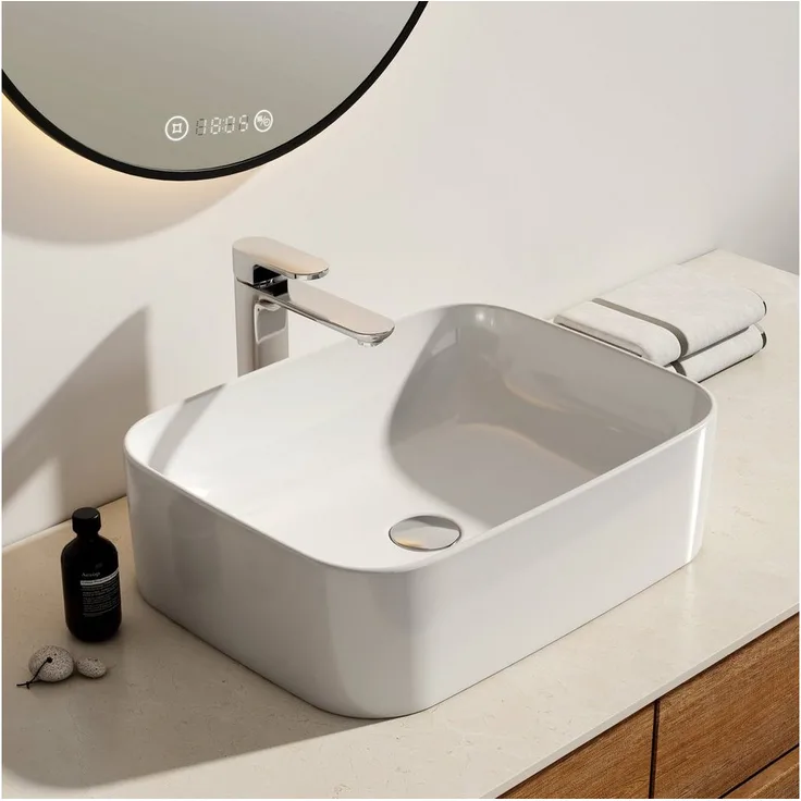 EMKE Aufsatzwaschbecken Eckiger Keramik Waschtisch Weiß Glänzend - Modernes Design und vielseitige Verwendungsmöglichkeiten