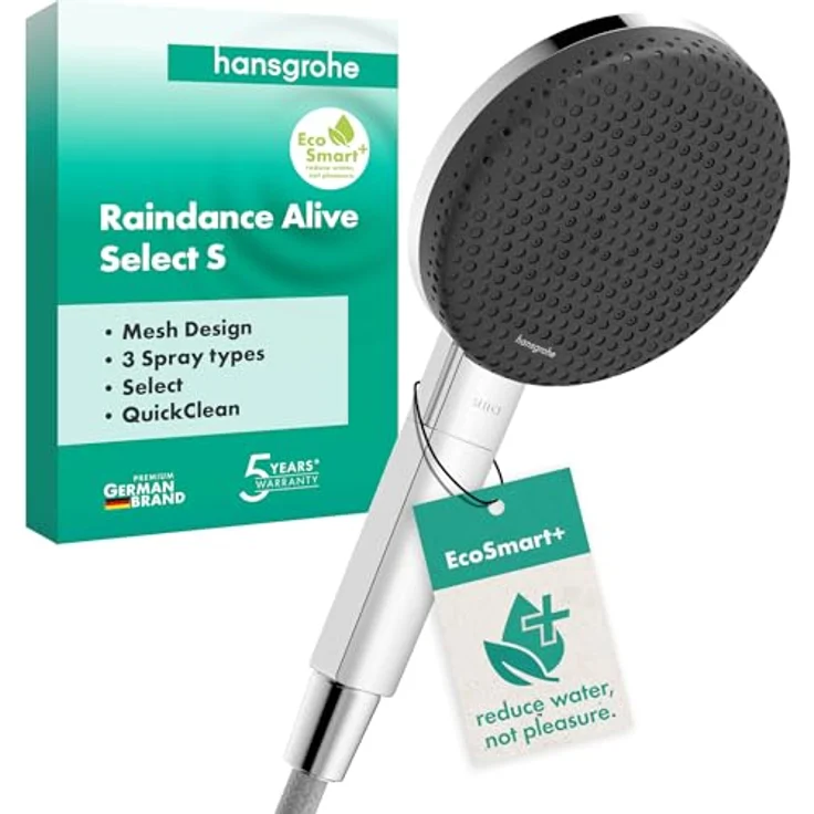 hansgrohe Raindance Alive Select S, Handbrause mit 125 mm Duschkopf, Chrom/Graphit, EcoSmart+, 3 Strahlarten, QuickClean – Bild 1