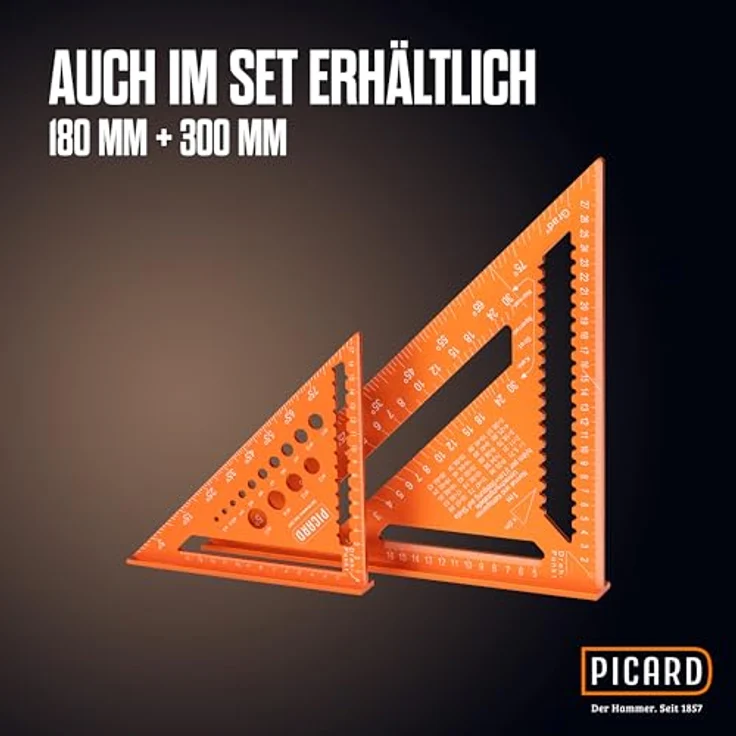 PICARD Zimmermannswinkel 180 mm, Präziser Anschlagwinkel mit Bohrlehre für exakte Anreiß- und Winkelmessungen, Profi Speed Square für Holz- und Möbelbau – Bild 4