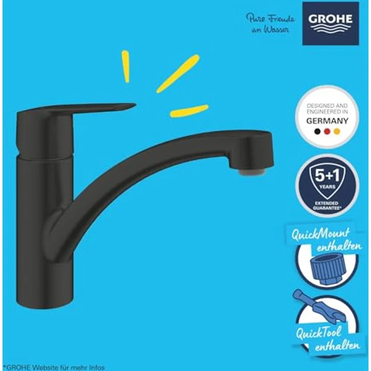 Grohe Start Einhand-Spültischbatterie mit flachem Auslauf, Mattschwarz, schwenkbarer Gussauslauf, temperaturbegrenzt und variabel einstellbare Mengenbegrenzung – Bild 3