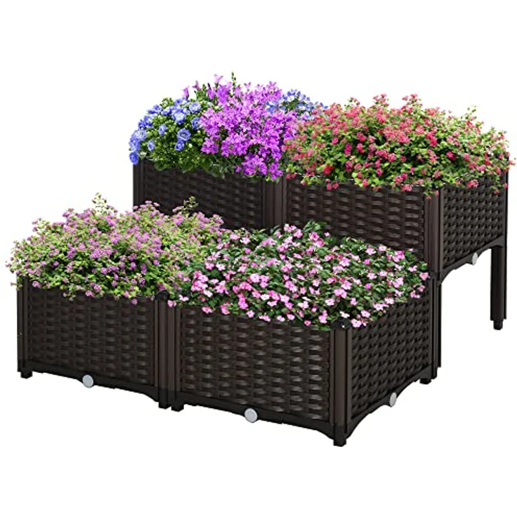 Outsunny Hochbeet, Pflanzkasten mit Abflusslöchern, Blumenkasten im Rattan-Look, PP, Braun, 40 x 40 x 44 cm – Bild 1