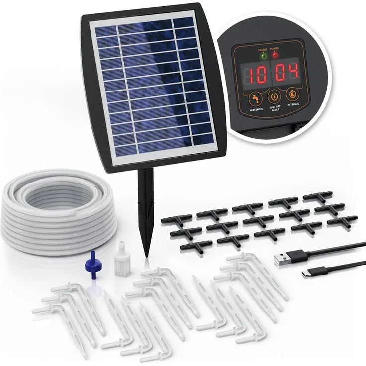 Brandson Bewässerungssteuerung, Bewässerungssystem für Zimmerpflanzen mit Solarpanel, einstellbares Wasservolumen, 35-tlg, Regenverzögerung, für bis zu 15 Pflanzen