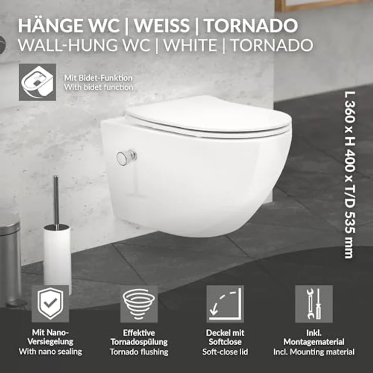 LuxeBath Wand WC Spülrandlos mit Bidet-Funktion, Weiß, Tiefspüler Keramik Hänge WC, Wash WC Nano Beschichtung, Tornadospülung, Hängend mit WC-Sitz Absenkautomatik – Bild 2
