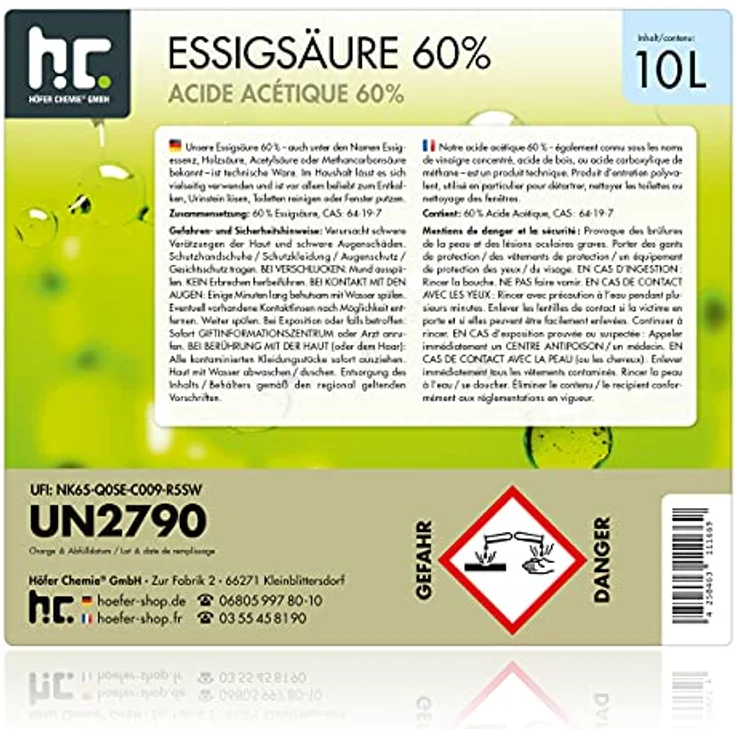 Höfer Chemie GmbH 1 x 10 Liter Essigsäure 60% in 10 L Kanistern – Bild 3
