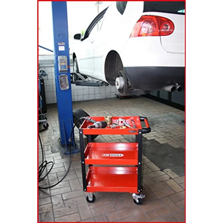 KSTOOLS ECOline Werkstatt-Servicewagen, H850xB680xT425mm, stabiler Stahlblech-Konstruktion, 3 Etagen, rot, hohe Tragkraft bis 150 kg, leicht rollbar mit 4 Rädern – Bild 10