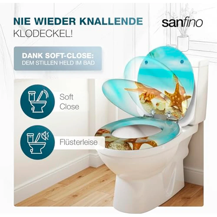 Sanfino WC Sitz Seastar Beach, Toilettendeckel aus Holz mit Absenkautomatik, hellblau, 43,5 x 37,5 cm – Bild 2