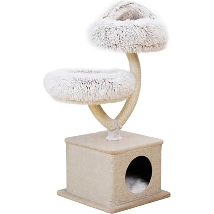 Fudajo Kratzbaum Zweigdesign mit Katzenhaus 95 cm, Designer Katzenkratzbaum mit Plüsch und Sisal, Katzenbaum mit Katzenhöhle, Kletterbaum für Katzen in Naturfarben – Bild 1