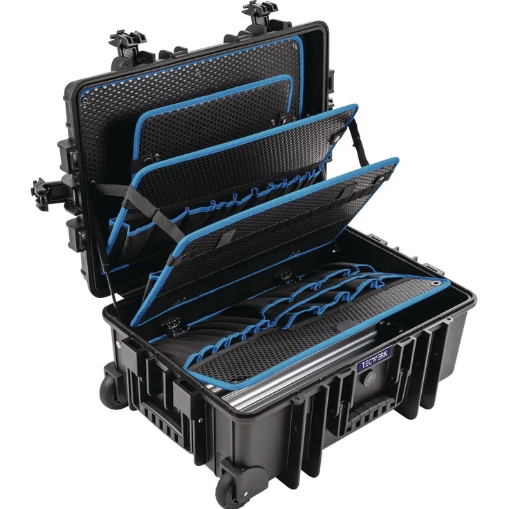 Tecwerk Werkzeugkoffer Schalenkoffer, Polypropylen, 43,5 l, 42 Teile, staubdicht und spritzwassergeschützt, mit ergonomischem Griff und Teleskopgriff, individuelle Unterteilung mit Alu-Trennstege