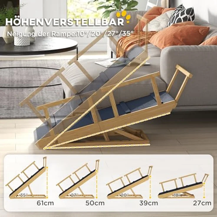 PawHut Hunderampe Klappbar Haustierrampe mit abnehmbaren Geländern, rutschfest Hundeeinstiegshilfe für Haustiere bis 40 kg, Natur – Bild 4