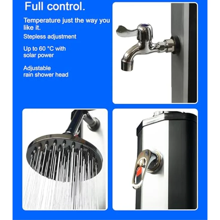 Nemaxx SD35FX Solardusche - silberfarbene Gartendusche mit UV-beständigem Wassertank 35 Liter - mit Fußdusche/Wasserhahn und schwenkbarem Regenduschkopf – Bild 4