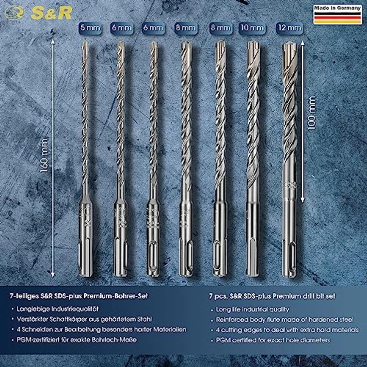 S&R Hammerbohrer/Steinbohrer Set 7-tlg SDS-Plus, 4-Schneiden Hartmetallschneide für Beton, Granit & Stein, 5-12mm, Multi-KVS-Helixnut, Industriequalität – Bild 2