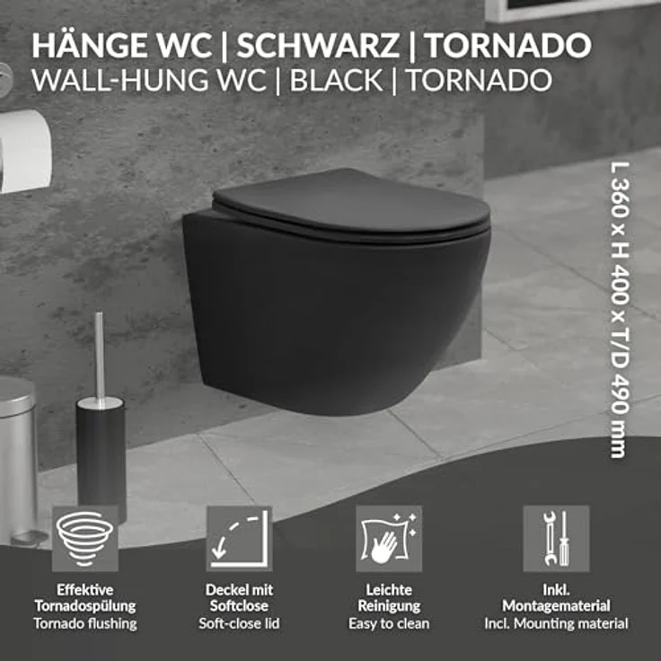 LuxeBath Wand WC Spülrandlos Schwarz matt kurz 49cm, Tornadospülung, Tiefspüler Hänge WC, Softclose-Klodeckel abnehmbar, mit Absenkautomatik – Bild 2