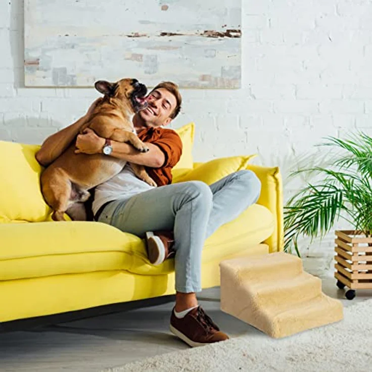 Relaxdays Hundetreppe 3 Stufen, kleine & große Hunde, Bett & Couch, Stoffbezug, Tiertreppe innen, HBT 30x35x45 cm, beige – Bild 2